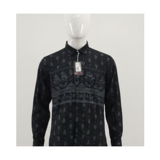 Black men's full sleeve casual shirt with grey ethnic print on mannequin India