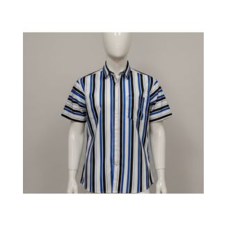 Men's blue, black, and white striped short sleeve shirt