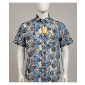 Men's blue and white patterned short sleeve cotton casual shirt on mannequin