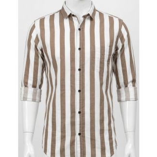 Mens Brown White Striped Cotton Slim Fit Casual Shirt India