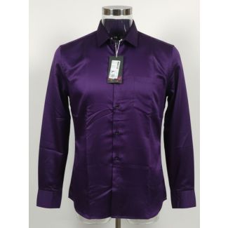 Men's deep purple long sleeve dress shirt with satin finish on a mannequin.