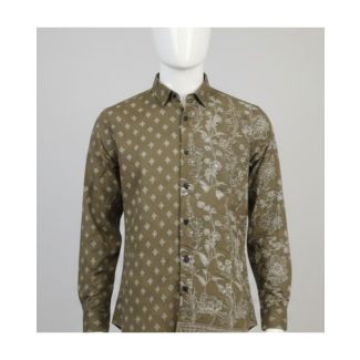 Men's olive green cotton shirt with dual print design on mannequin in India