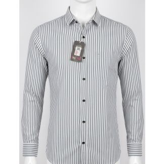 Men's Grey and White Striped Slim Fit Casual Shirt for sale in India