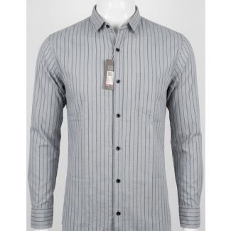 Mens Grey Striped Cotton Slim Fit Long Sleeve Casual Shirt India