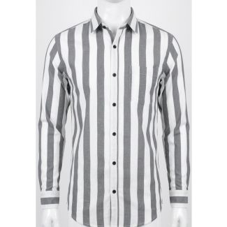 Mens Grey and White Striped Slim Fit Cotton Casual Shirt India