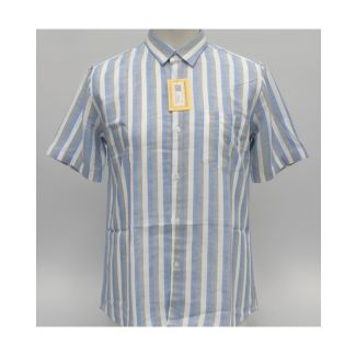 Men's light blue and white striped linen half sleeve shirt with chest pocket