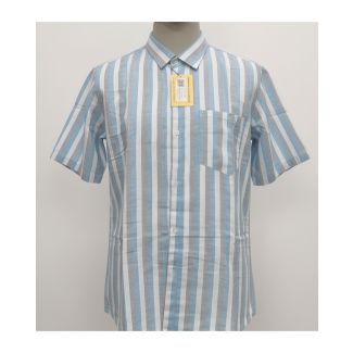 Men's light blue and white striped cotton half sleeve shirt with pocket