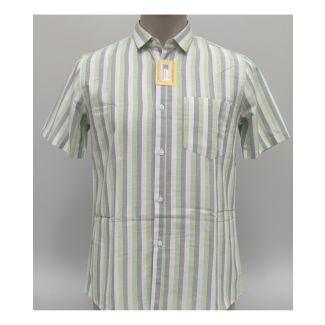 Men's light green and grey vertical striped cotton half sleeve shirt with chest pocket