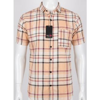 Men's Peach Checkered Cotton Slim Fit Casual Shirt for men in India
