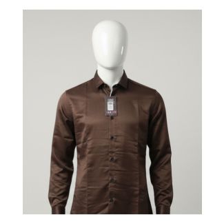 Rich brown satin finish men's slim fit long sleeve shirt on mannequin India