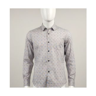 Men's slim fit cotton shirt with beige base and light blue Sanganeri print on mannequin India