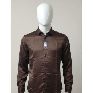 Men's deep chocolate brown satin full sleeve casual shirt on mannequin India