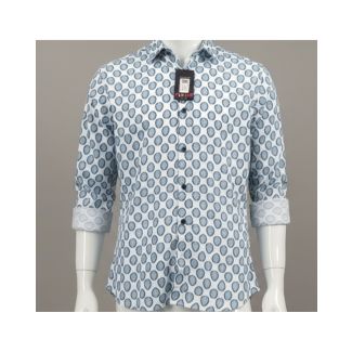 Men's white shirt with light blue oval sanganeri print, slim fit 3/4 sleeve