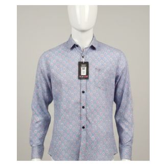 Light blue men's slim fit full sleeve shirt with small pink Sanganeri print on mannequin India