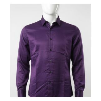 Men's deep royal purple solid color long sleeve dress shirt on a mannequin