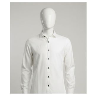 Men's solid white full sleeve shirt on a mannequin featuring black buttons, India