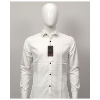 Men's solid white slim fit full sleeve shirt on a mannequin with black buttons