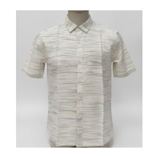 Men's off-white cotton shirt with grey and yellow horizontal stripes, half sleeves, and a spread collar.
