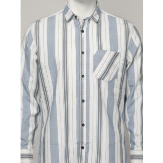 Men's light blue, white, and grey vertical stripe cotton shirt with dark buttons