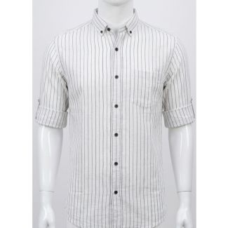Mens White Black Striped Cotton Slim Fit Casual Shirt India