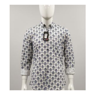 Men's white and blue Sanganeri print cotton slim fit shirt