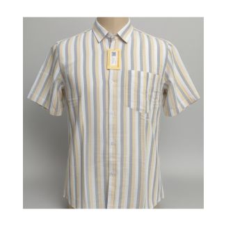 Men's yellow grey and white vertical stripe cotton half sleeve shirt