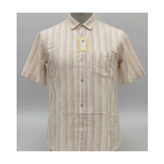 Men's yellow and white vertical striped cotton shirt with half sleeves