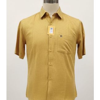 Mustard yellow short sleeve button-down shirt with fine dark horizontal stripes
