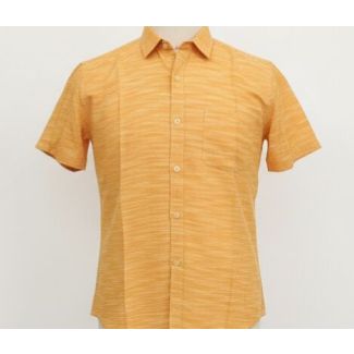 Mustard yellow short-sleeved shirt with horizontal stripes, a collared neckline, and button front