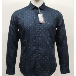 Navy blue men's full-sleeve shirt with micro-dot print and standard collar.