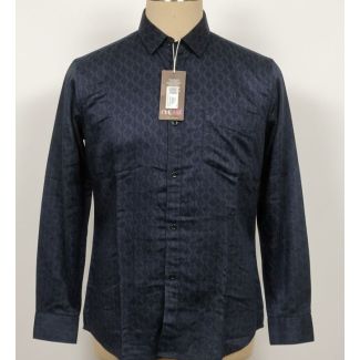Navy blue men's button-up shirt with geometric pattern on a mannequin. Long sleeves and a classic collar.