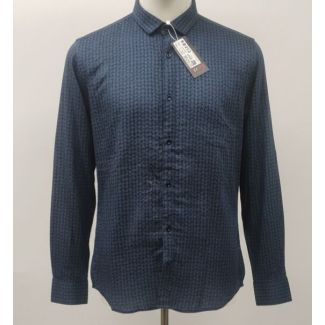Navy blue patterned cotton shirt with long sleeves on a mannequin