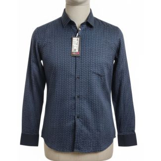 Navy blue men's shirt with geometric pattern, long sleeves, and button-down collar