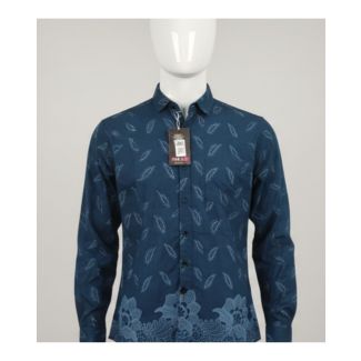 Navy blue leaf print cotton shirt full sleeve