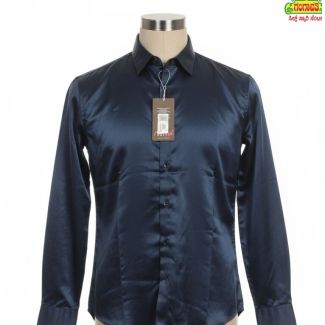 Navy blue satin long sleeve collared shirt on a mannequin
