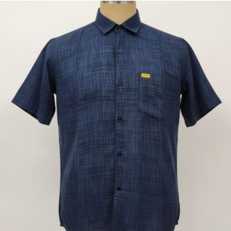 Navy blue short sleeve men's shirt with textured pattern and classic collar