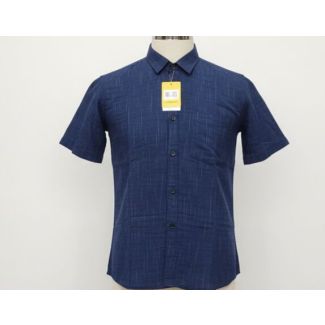 Dark navy blue textured shirt with vertical stripes and short sleeves