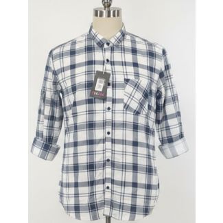 Navy blue and white check cotton shirt 3/4 sleeve roll-up - Men's casual wear