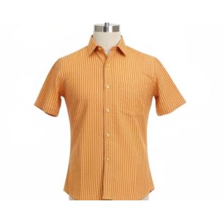 Orange cotton shirt with vertical stripes and short sleeves on a mannequin