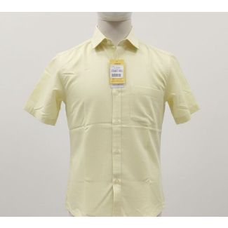 Pale yellow short sleeve dress shirt with button-down closure