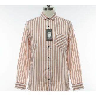 Man's peach and white striped cotton shirt with a collared neckline and long sleeves.
