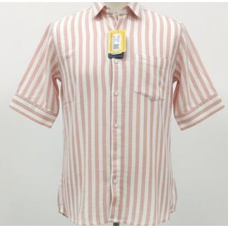 Peach and white striped short sleeve shirt with a chest pocket and a collar