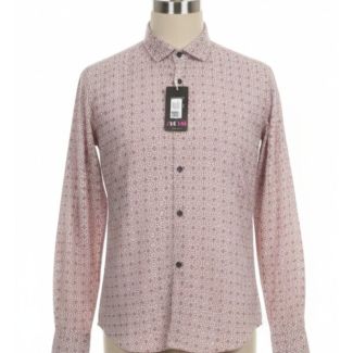 Men's light pink patterned woven shirt with a full sleeve and point collar on a mannequin.
