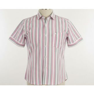 Pink, gray and white striped short-sleeve button-down shirt
