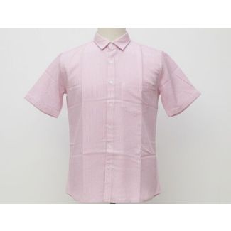 Pink and white striped cotton shirt with short sleeves and a classic collar, displayed on a mannequin