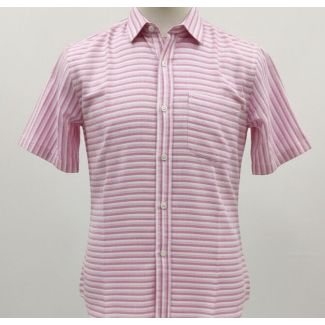 Pink and white striped short sleeve shirt with a collar, displayed on a mannequin for casual wear.