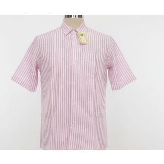 A pink and white striped short-sleeved shirt with a collar, on a mannequin
