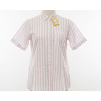 Pink and white vertical stripe cotton shirt with collar and short sleeves displayed on a mannequin.