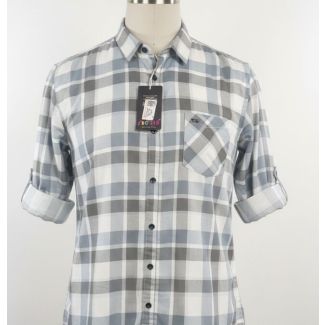Mannequin modeling a grey and blue plaid cotton shirt with rolled sleeves