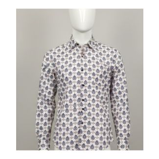 Men's white shirt with indigo and beige Sanganeri print, full sleeves, slim fit, on a mannequin